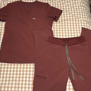 Figs high waisted yola scrub pants and one pocket scrub top in walnut